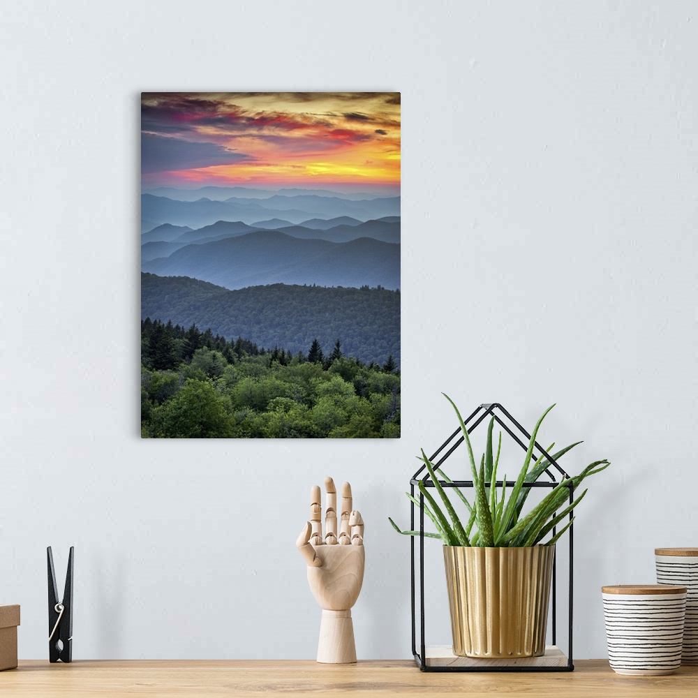 A bohemian room featuring Blue Ridge Parkway scenic landscape with the Appalachian Mountain ridges and sunset  over Great S...