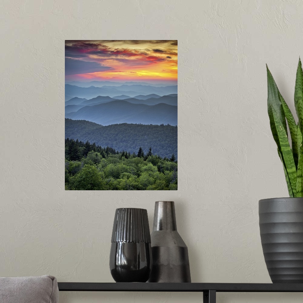 A modern room featuring Blue Ridge Parkway scenic landscape with the Appalachian Mountain ridges and sunset  over Great S...