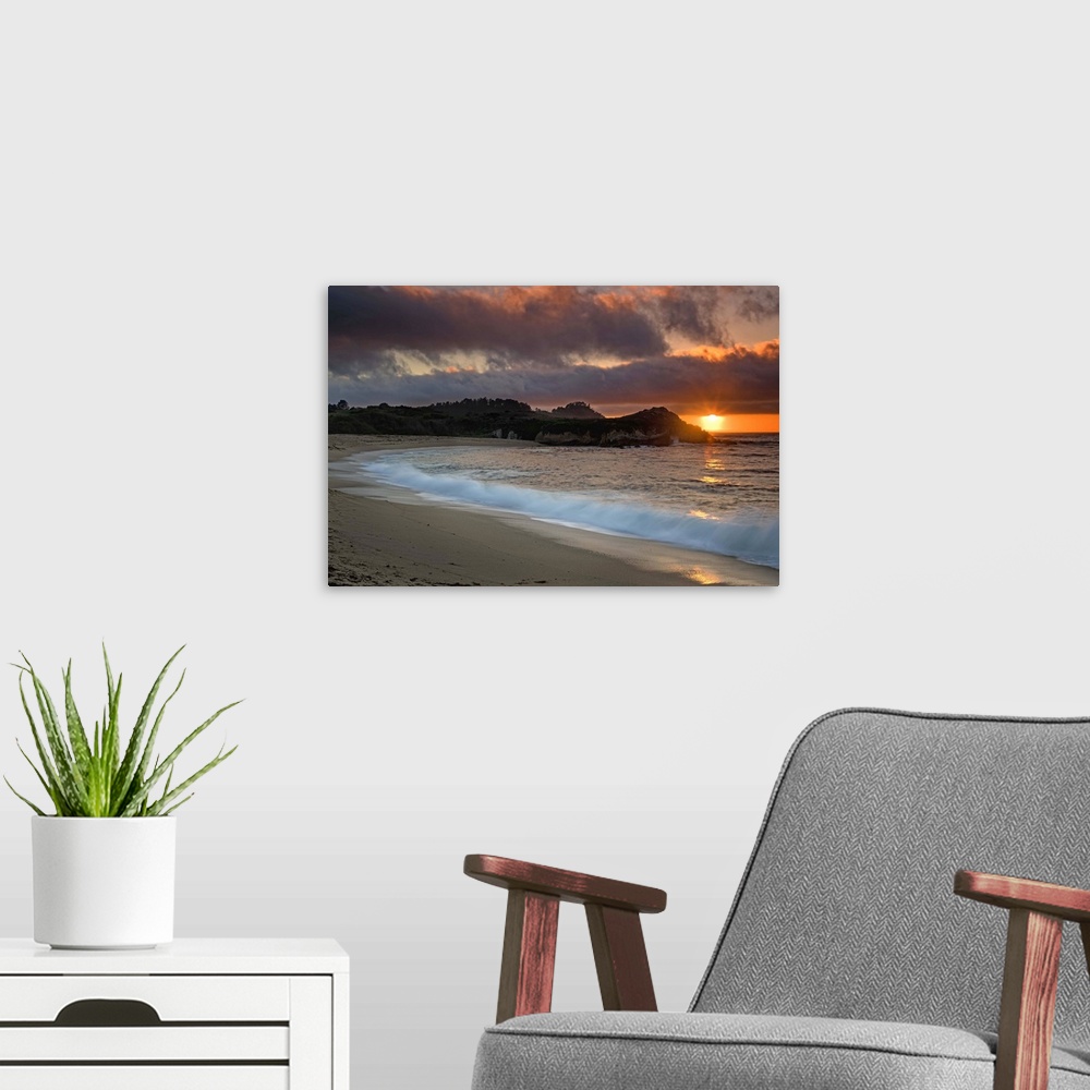 A modern room featuring Sunset at Monastery Beach, Carmel, California, USA.