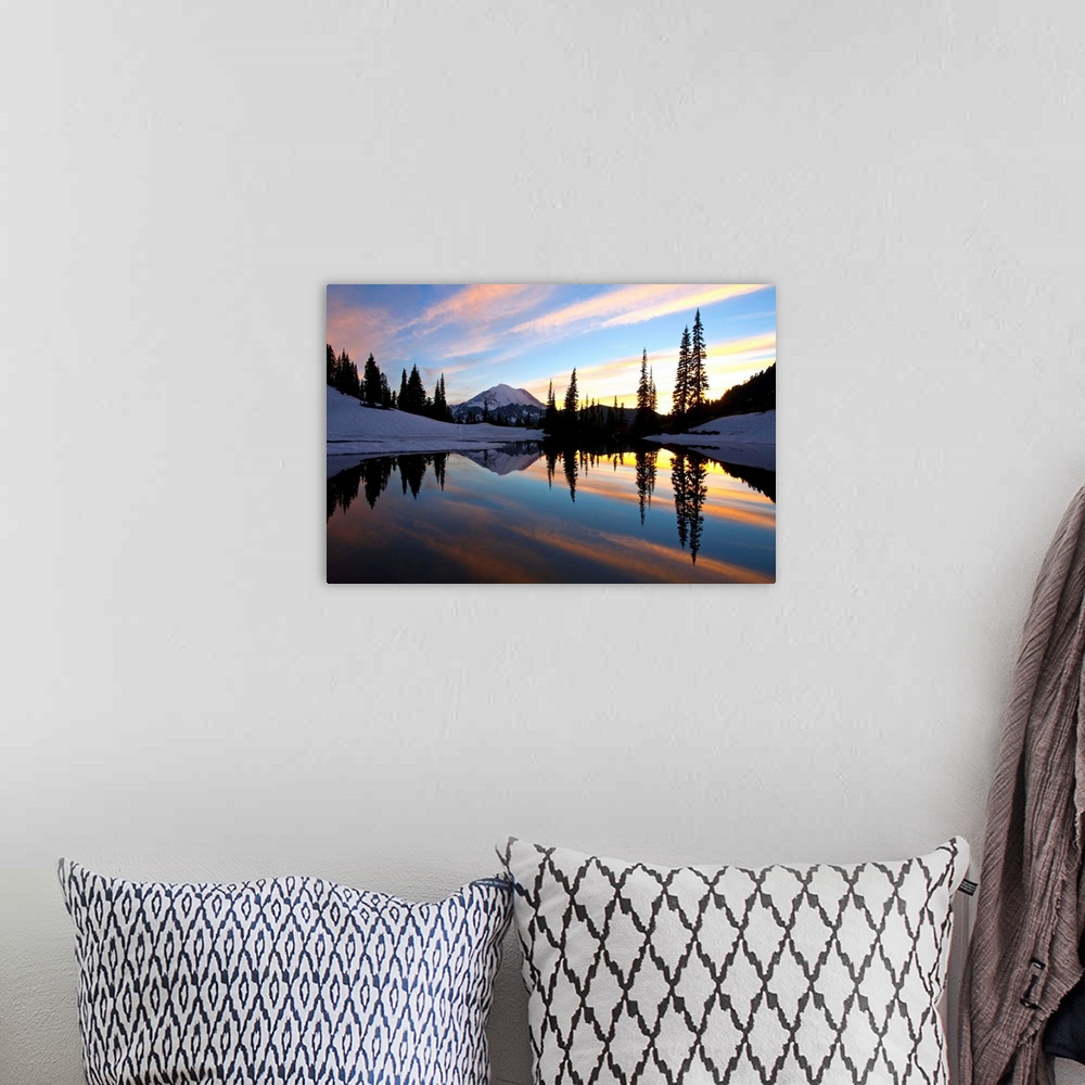 A bohemian room featuring Sunset At Tipsoo Lakes And Mount Rainier