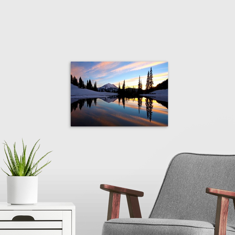 A modern room featuring Sunset At Tipsoo Lakes And Mount Rainier