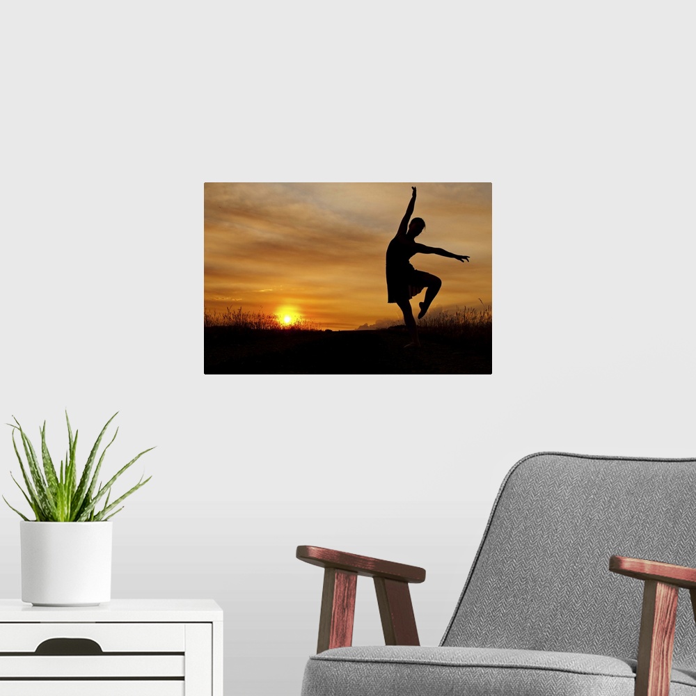 A modern room featuring Ballerina dances as sun sets behind her.