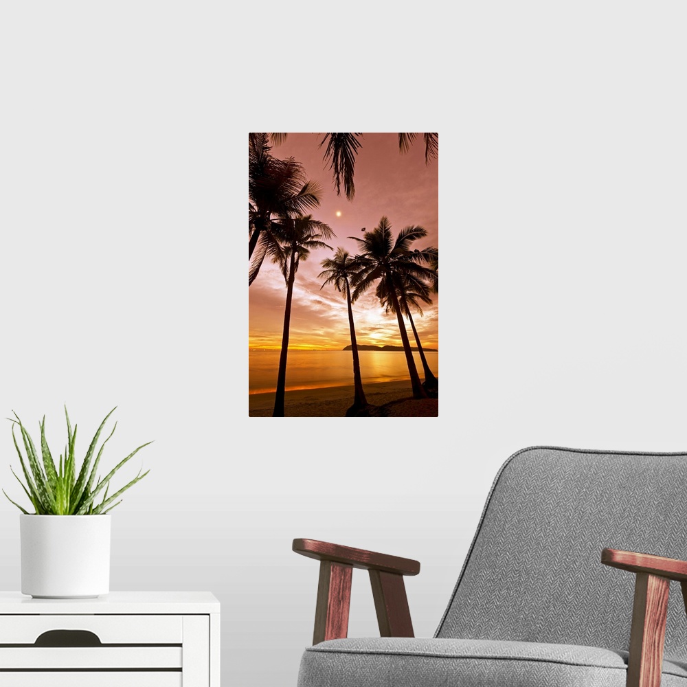 A modern room featuring The silhouetted of palm trees on a beach arch into the sky at sunset reaching towards the moon wh...