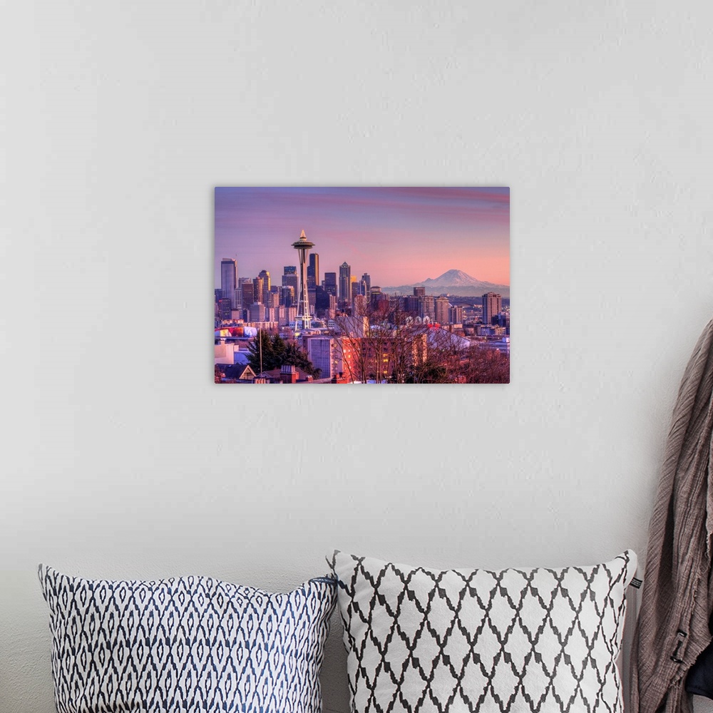 A bohemian room featuring Large photo on canvas of downtown Seattle bathed in warm light from a setting sun.