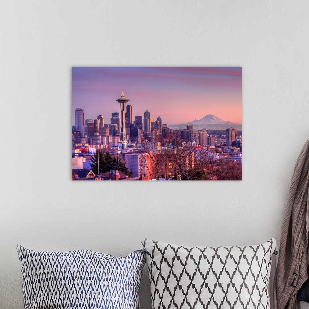 A bohemian room featuring Large photo on canvas of downtown Seattle bathed in warm light from a setting sun.