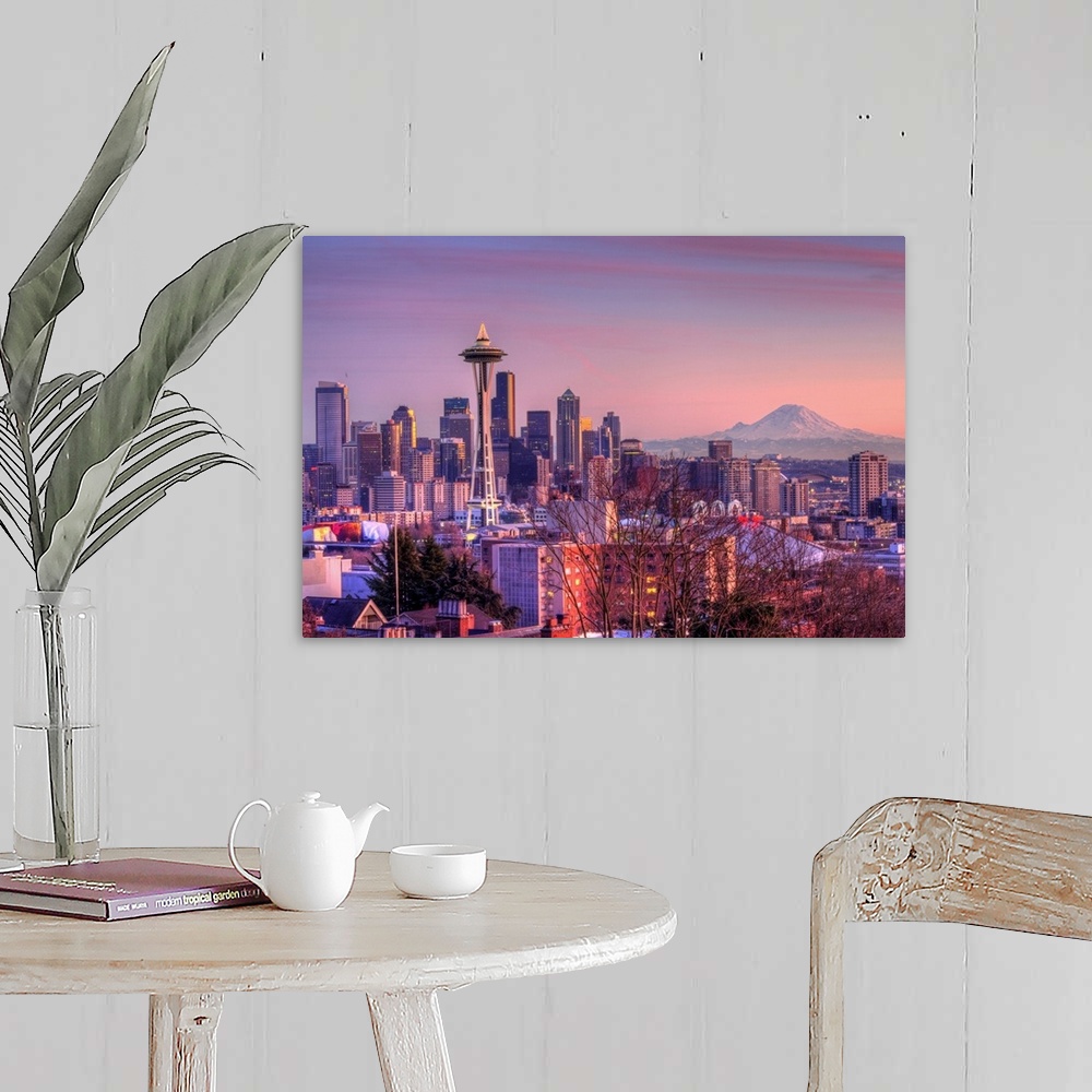 A farmhouse room featuring Large photo on canvas of downtown Seattle bathed in warm light from a setting sun.
