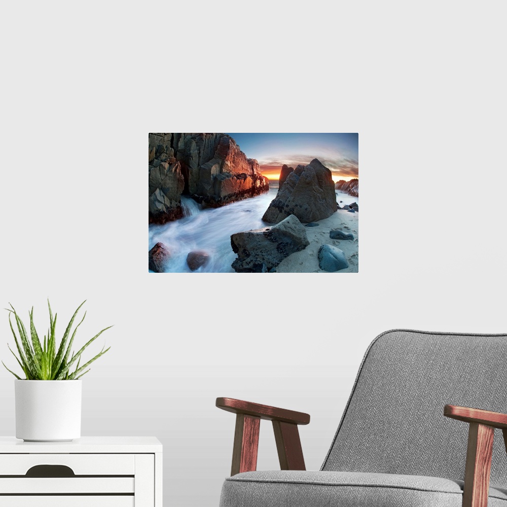 A modern room featuring Sunset, rocks, pt mugu, ventura country.