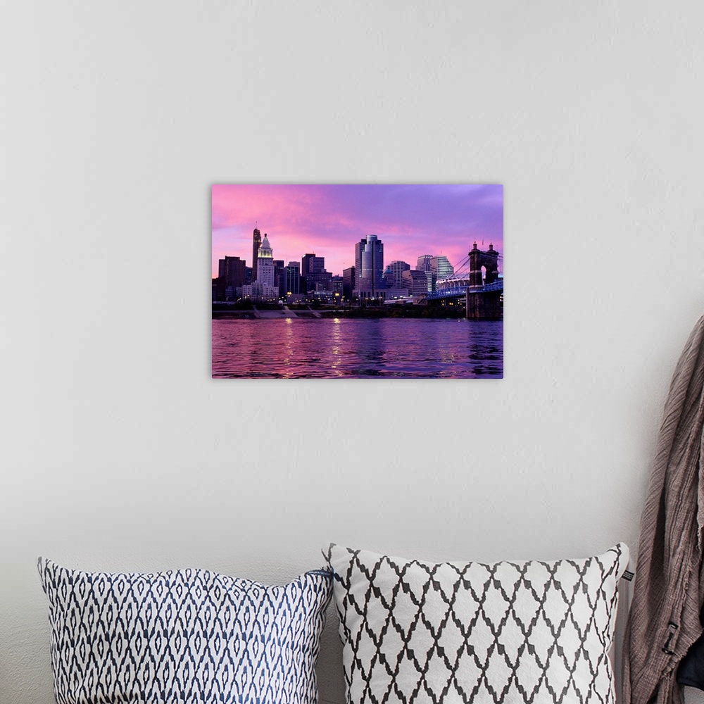 A bohemian room featuring Sunset Over Cincinnati and the Ohio River