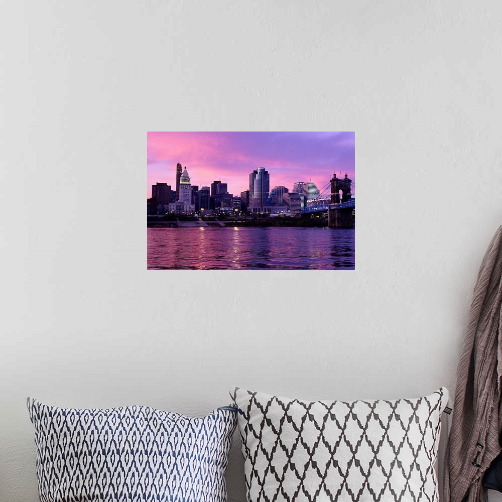 A bohemian room featuring Sunset Over Cincinnati and the Ohio River