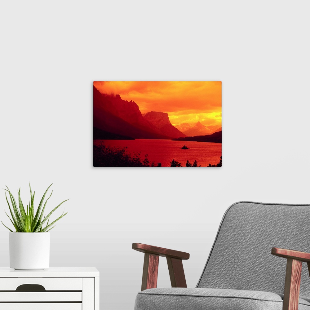 A modern room featuring Sunset Over Lake In Glacier National Park