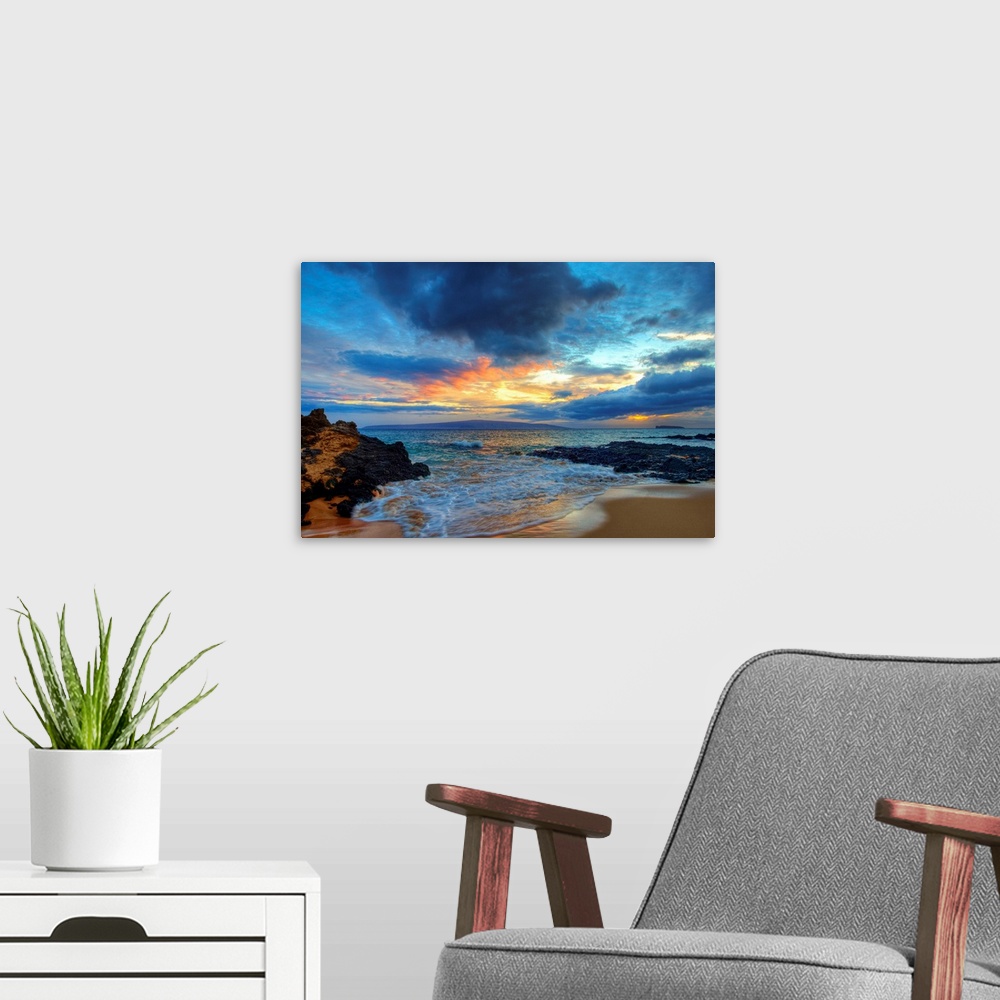 A modern room featuring Sunset over Secret Beach at Makena on Maui