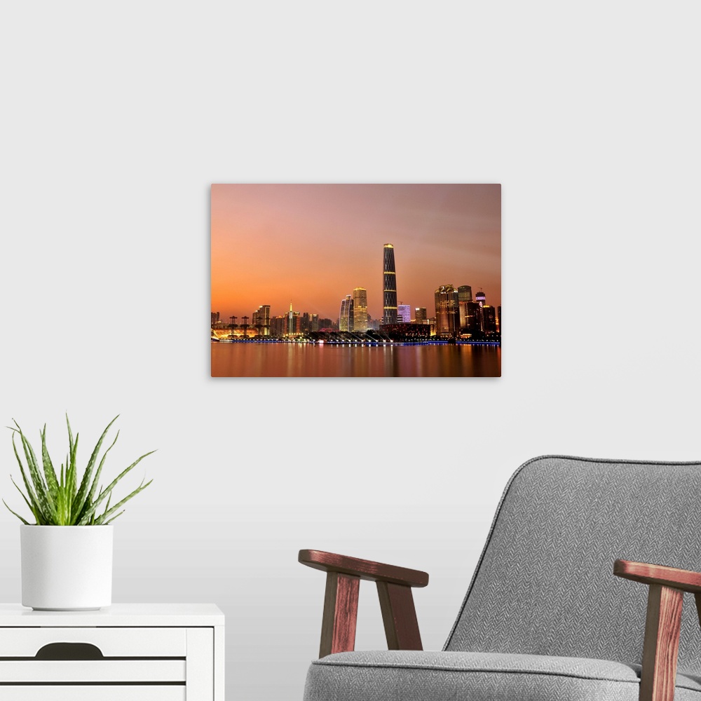 A modern room featuring Sunset view of Central Business Centre of Guangzhou, alao named Zhujiang New Town. The highest sk...