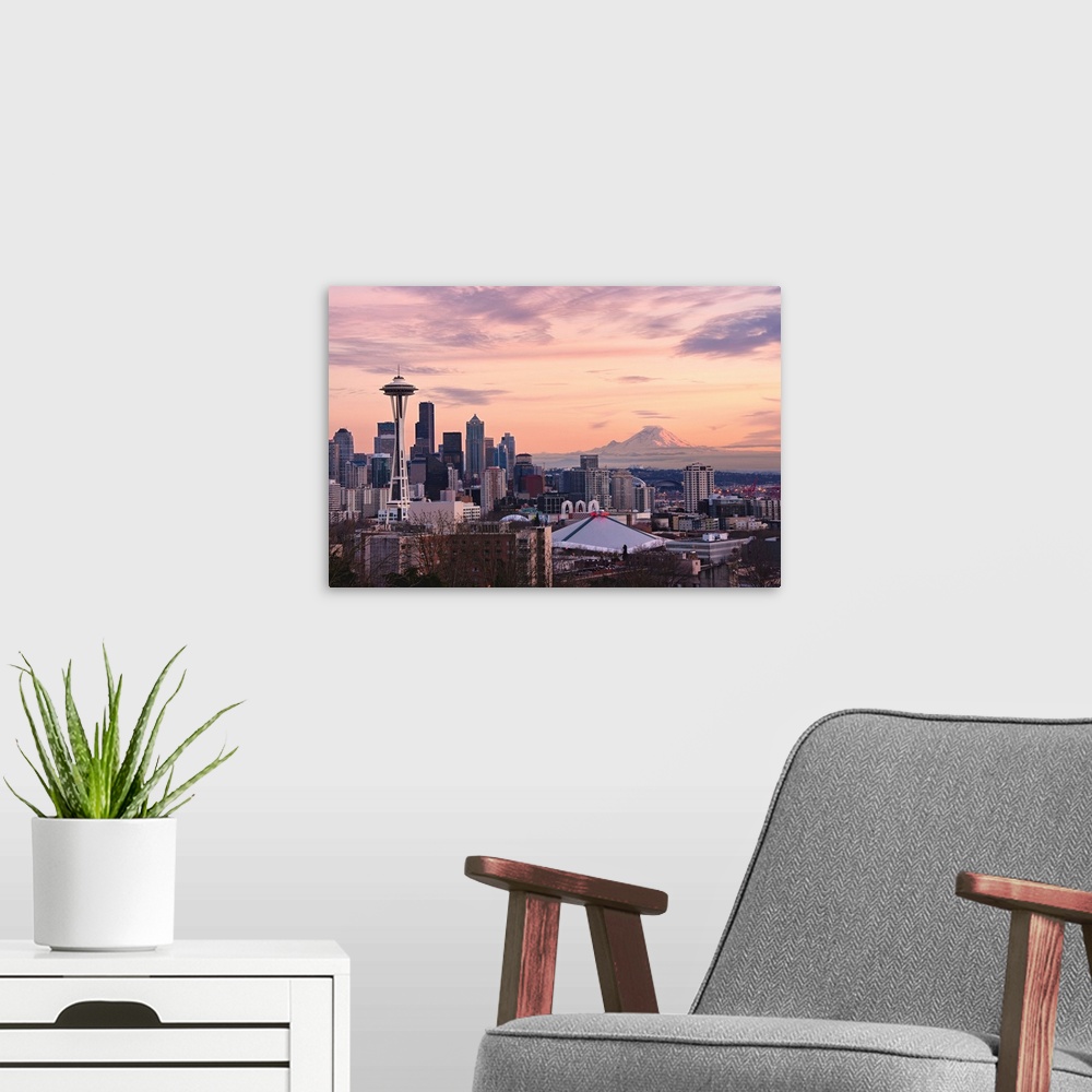 A modern room featuring Sunset view of downtown Seattle and Mount Rainier in distance, as seen from Kerry Park on Queen A...