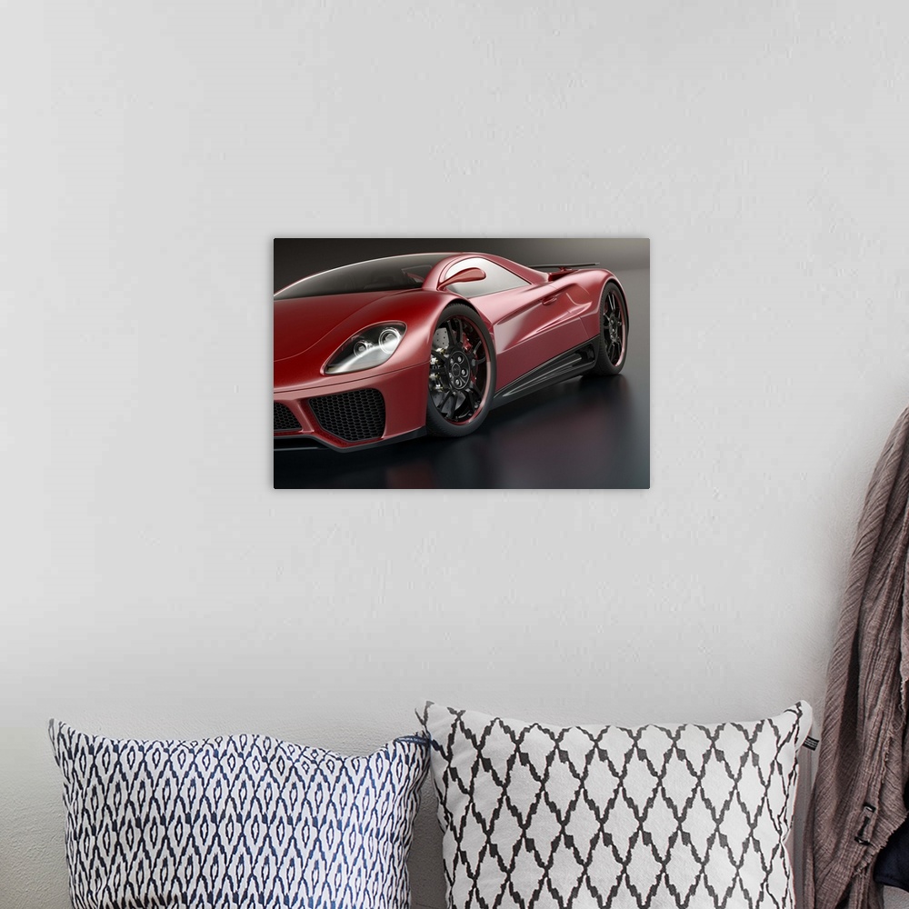A bohemian room featuring Close view of a modern red sports car. Unique generic car design.  Designed and modelled entirely...