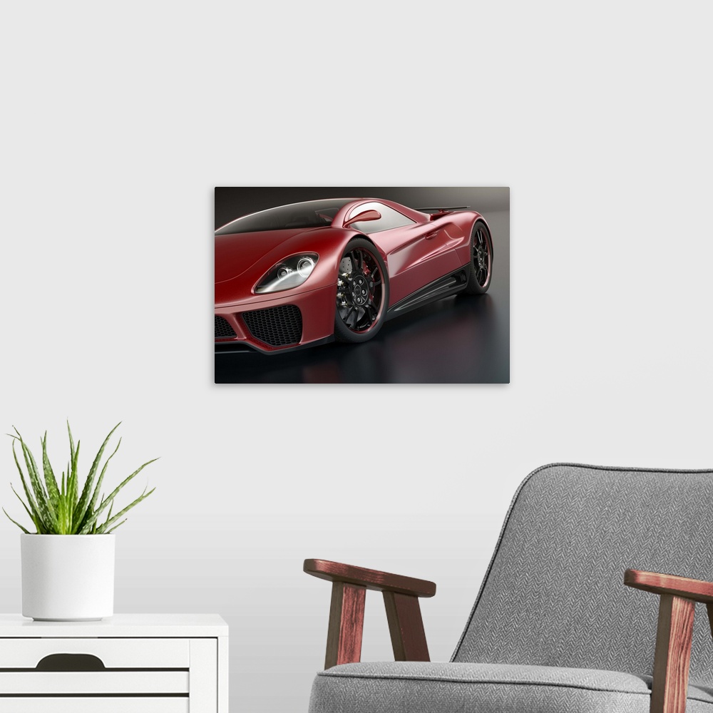 A modern room featuring Close view of a modern red sports car. Unique generic car design.  Designed and modelled entirely...