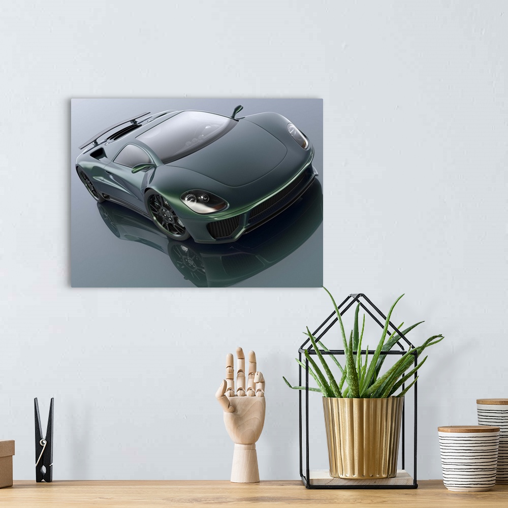 A bohemian room featuring A modern dark green sports car. Unique generic car design.  Designed and modelled entirely by mys...