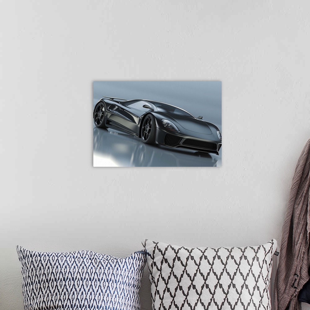 A bohemian room featuring A modern black sports car. Unique generic car design.  Designed and modelled entirely by myself. ...