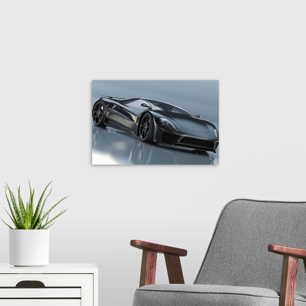 A modern room featuring A modern black sports car. Unique generic car design.  Designed and modelled entirely by myself. ...