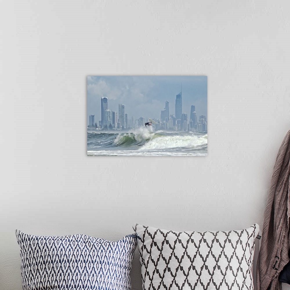 A bohemian room featuring Surfer at burleigh heads with skyline of Surfers Paradise in background.