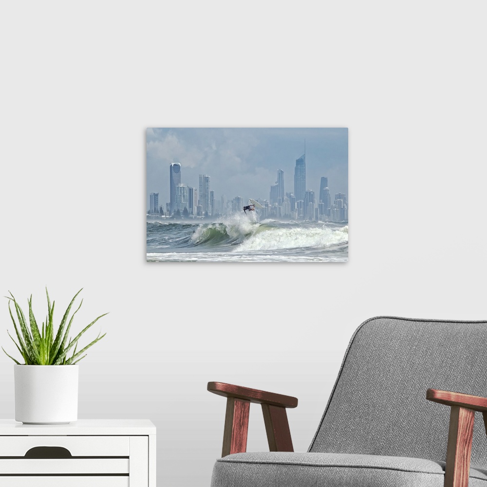 A modern room featuring Surfer at burleigh heads with skyline of Surfers Paradise in background.