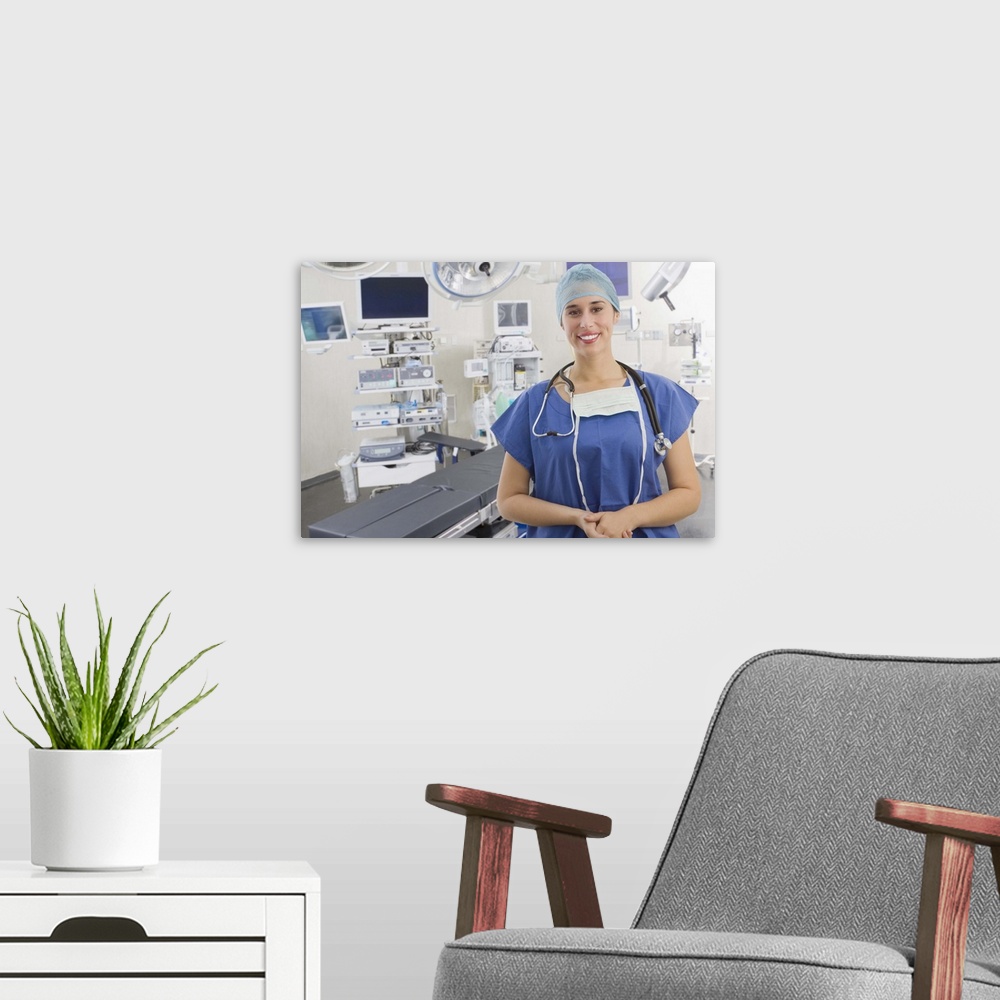 A modern room featuring Mixed race surgeon in operating room