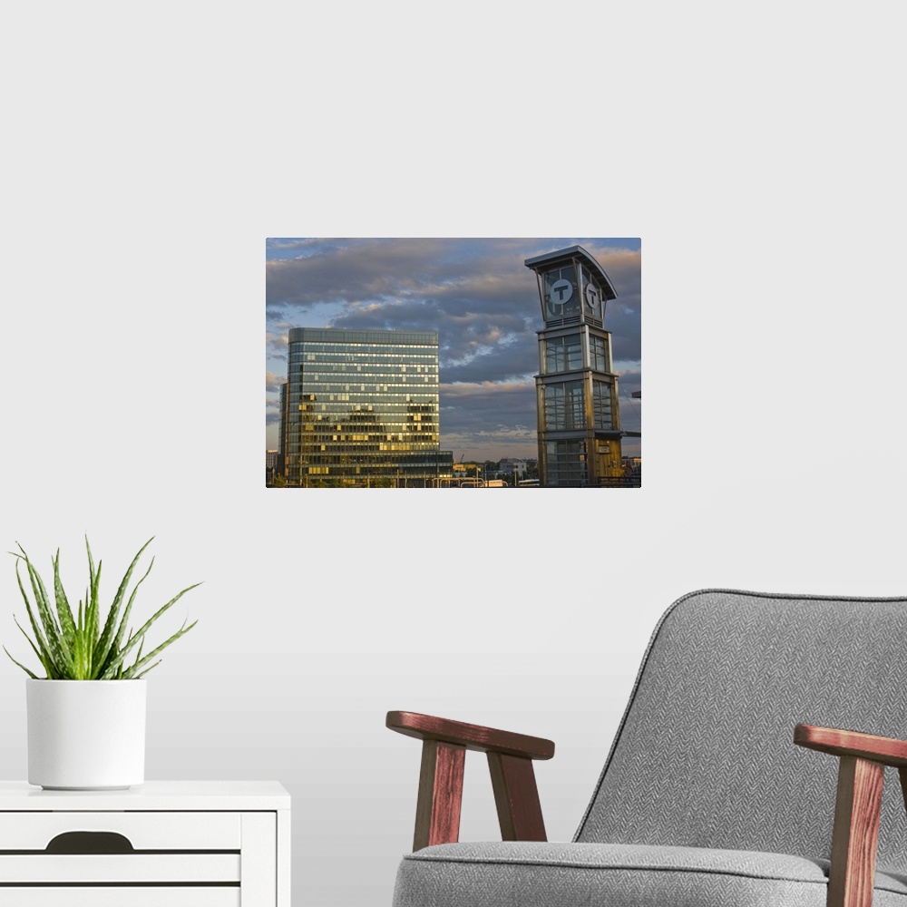 A modern room featuring T Station with office building beyond in evening, Boston, Massachusetts, USA