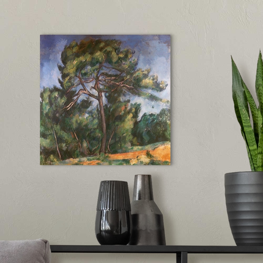 A modern room featuring Tall Pine By Paul Cezanne