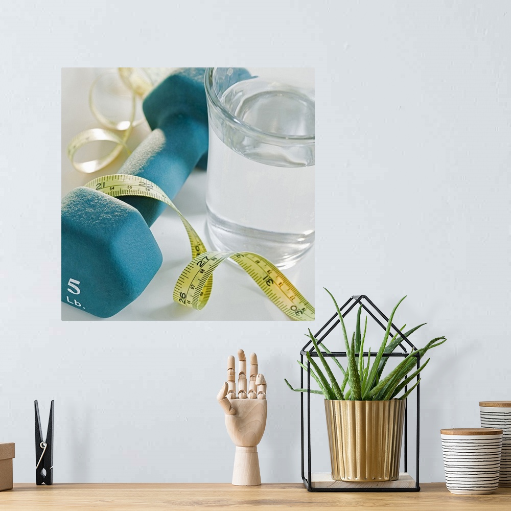 A bohemian room featuring Square photograph on a large canvas of a glass of water sitting next to a five pound weight, a so...