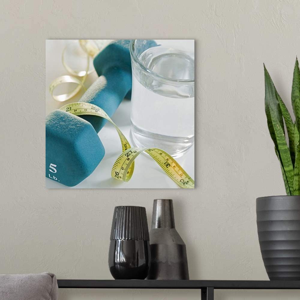 A modern room featuring Square photograph on a large canvas of a glass of water sitting next to a five pound weight, a so...