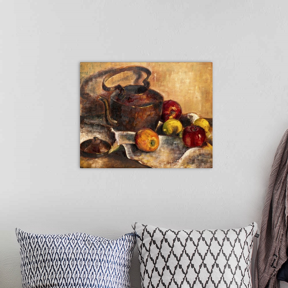 A bohemian room featuring Still life painting with teapot, apples, lemons on a tablecloth background.