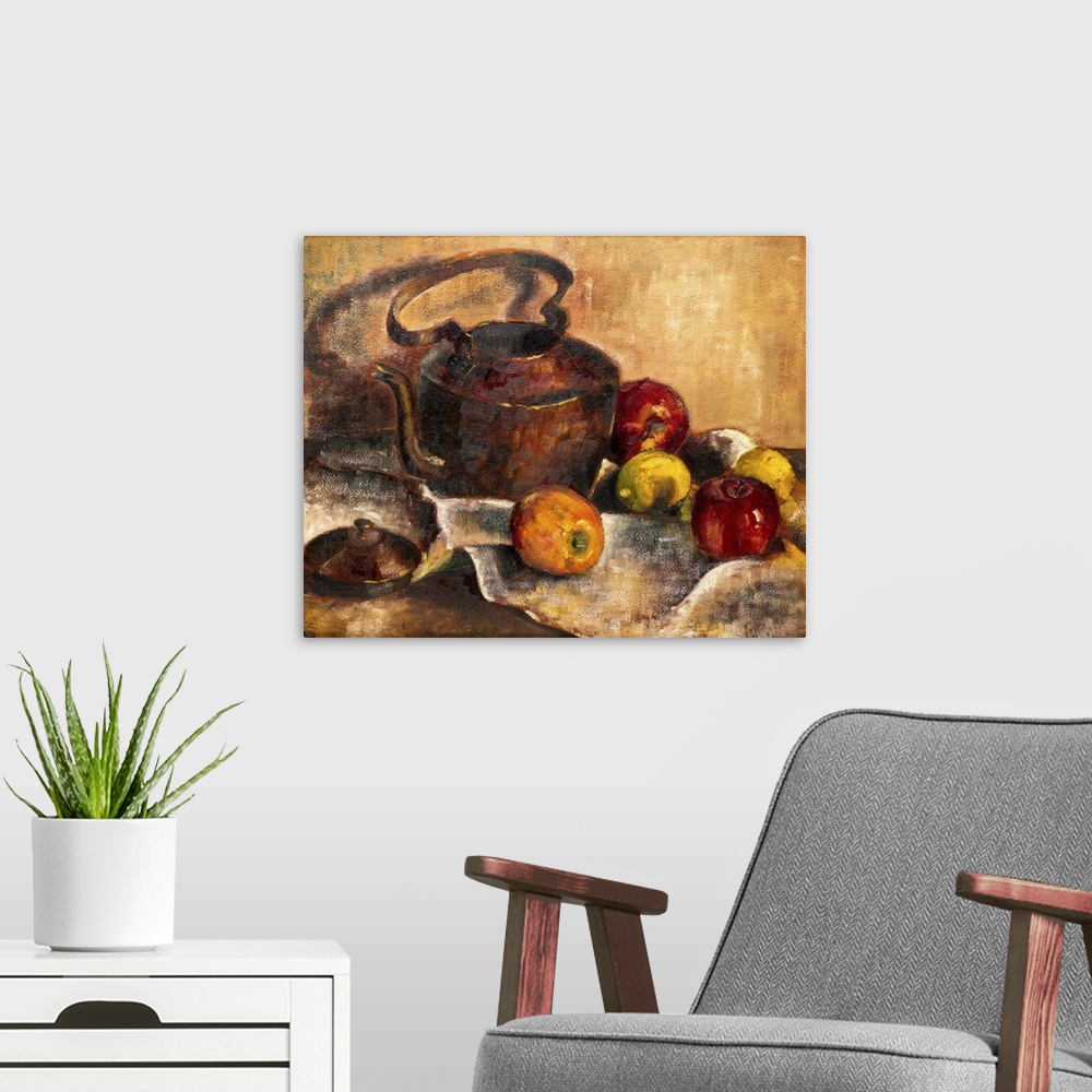 A modern room featuring Still life painting with teapot, apples, lemons on a tablecloth background.