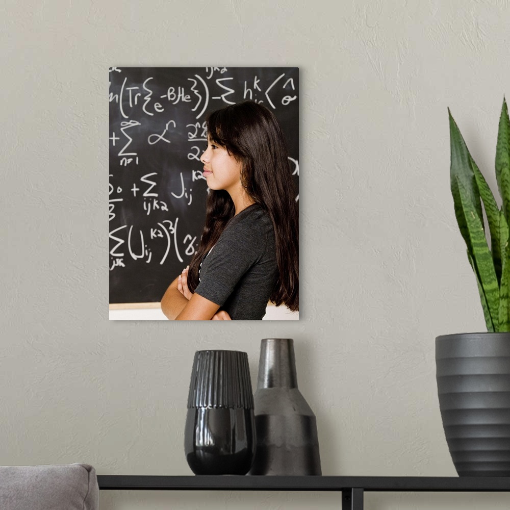 A modern room featuring Teenage girl student at blackboard with math equations