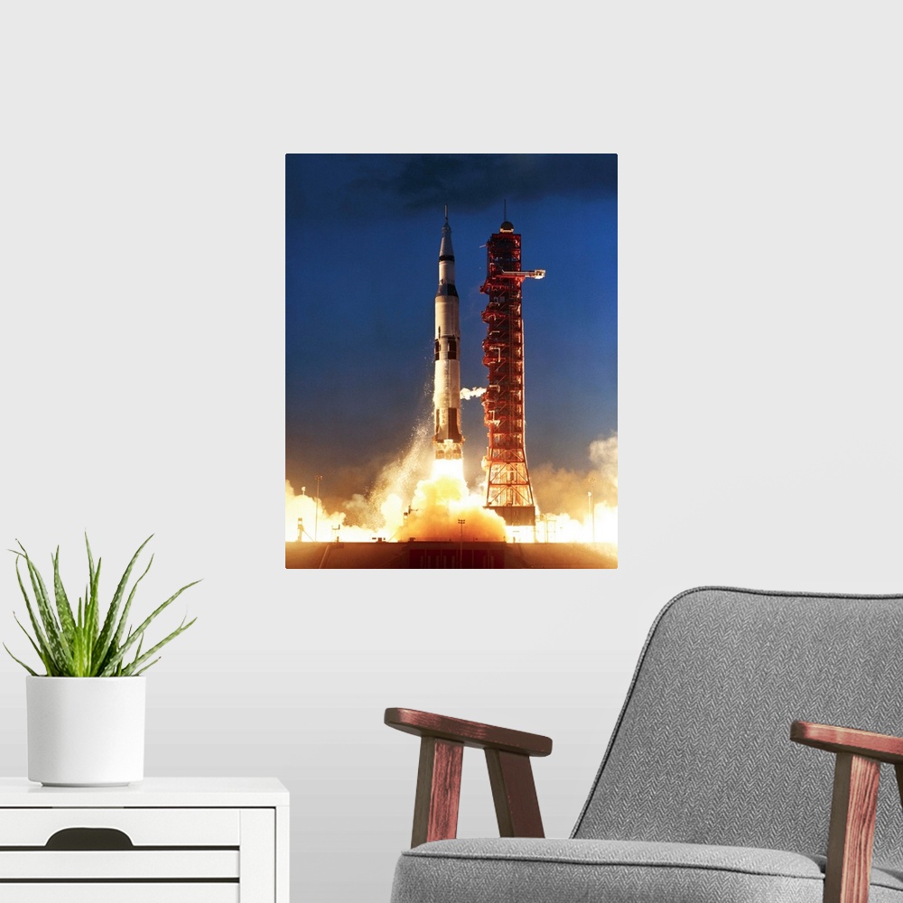 A modern room featuring A Saturn V is test-launched from Cape Canaveral.