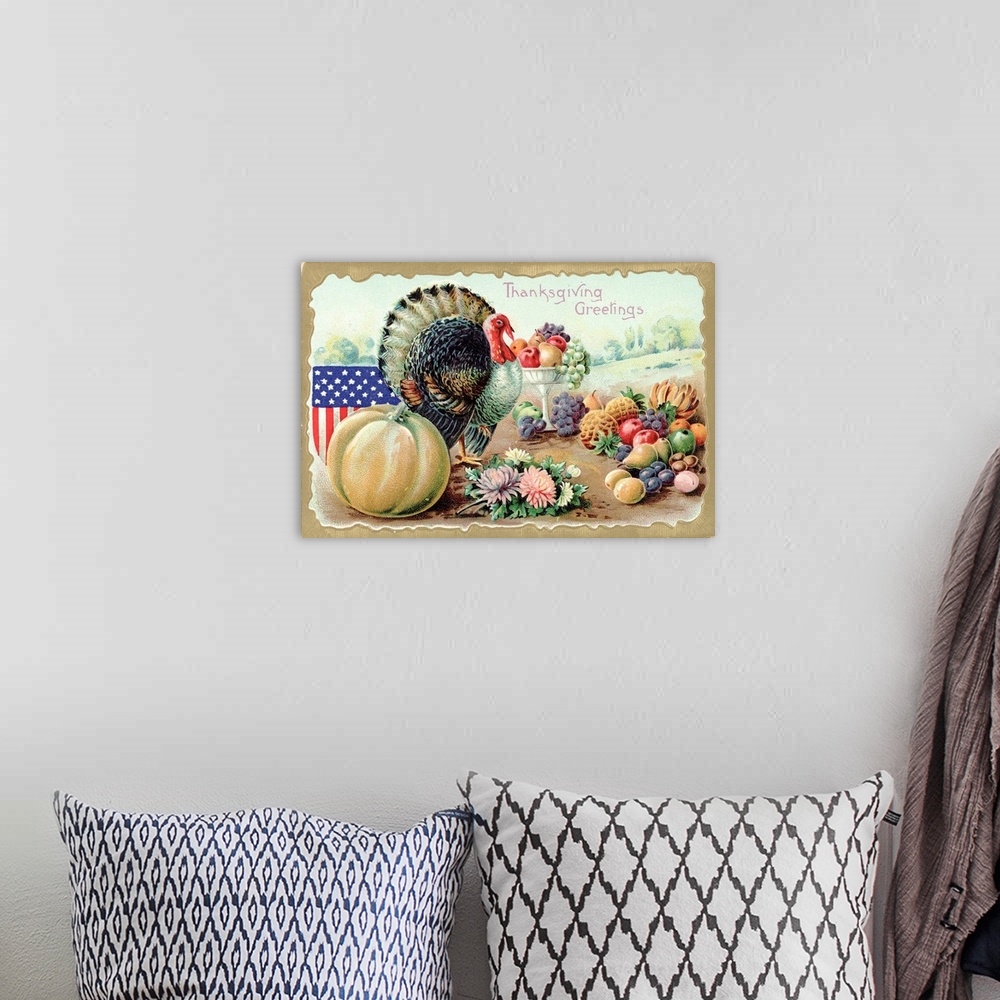 A bohemian room featuring Thanksgiving Greetings Postcard With A Turkey And Fruit