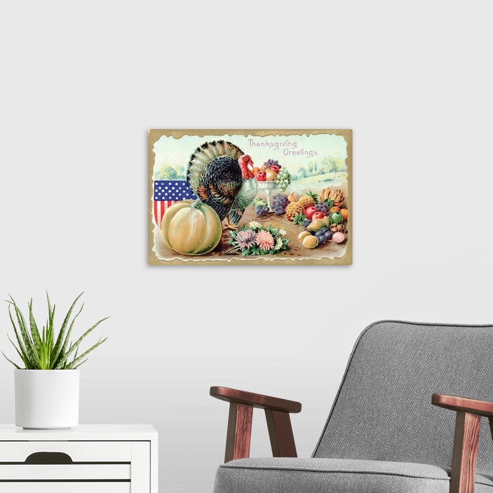A modern room featuring Thanksgiving Greetings Postcard With A Turkey And Fruit