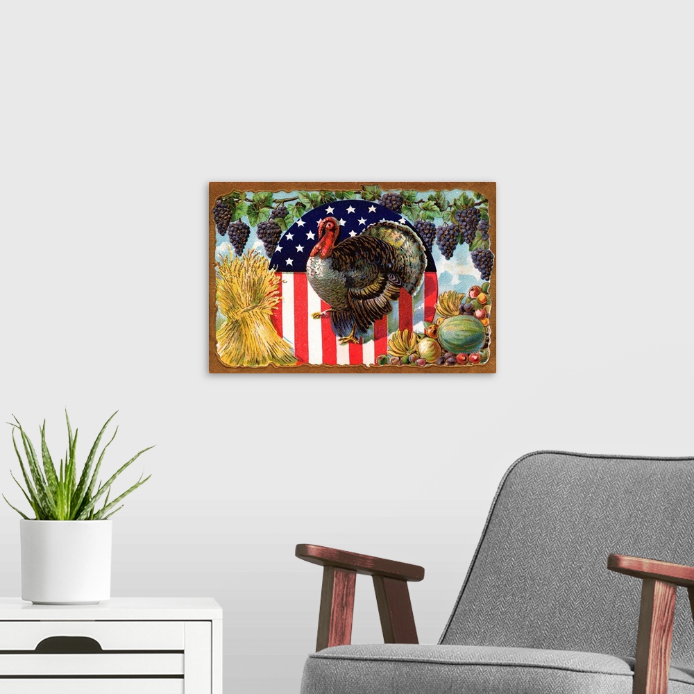 A modern room featuring Thanksgiving Postcard With Turkey And Stars And Stripes Motif