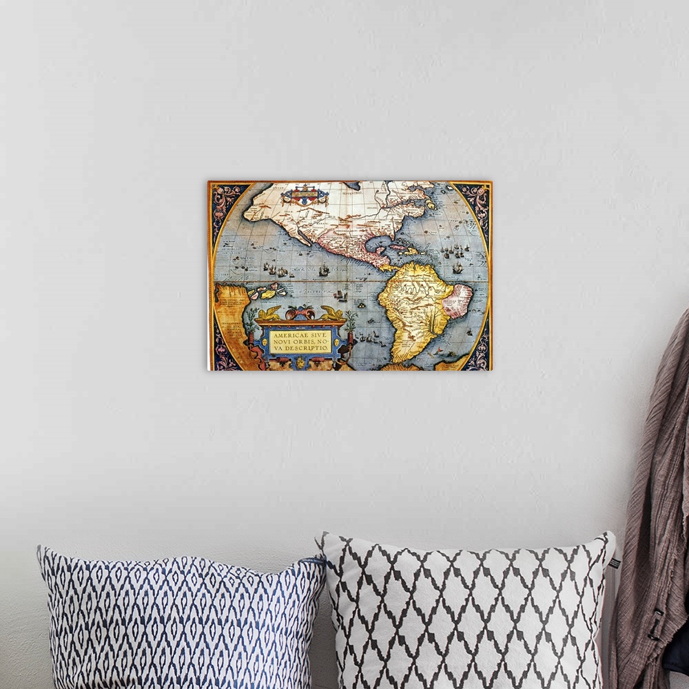 A bohemian room featuring Antique map of North and South America with continents, bodies of water, and longitude and latitude.