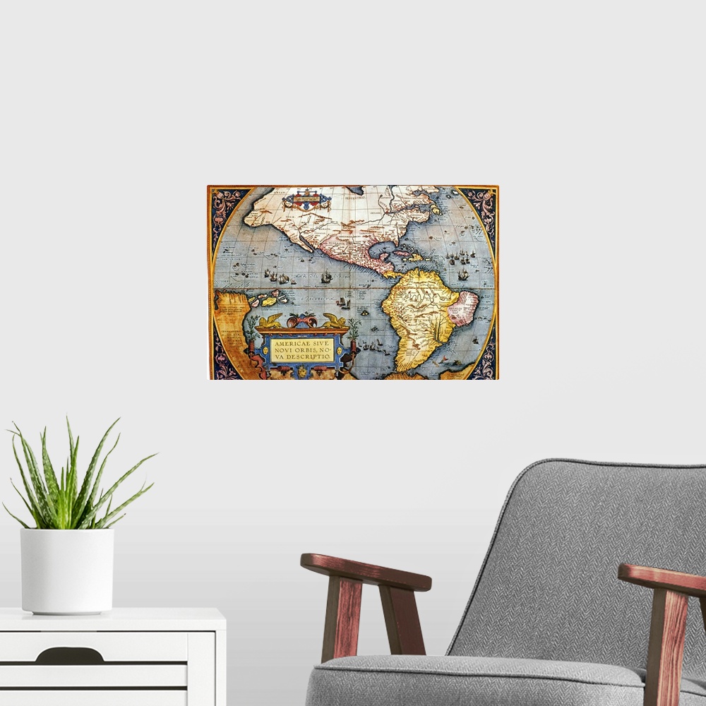 A modern room featuring Antique map of North and South America with continents, bodies of water, and longitude and latitude.