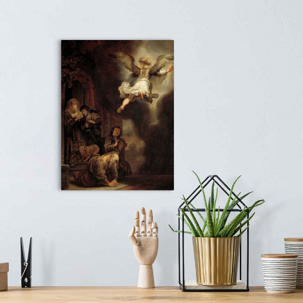 A bohemian room featuring The archangel Raphael leaving the family of Tobie. Painting by Harmensz Van Rijn Rembrandt (1606-...