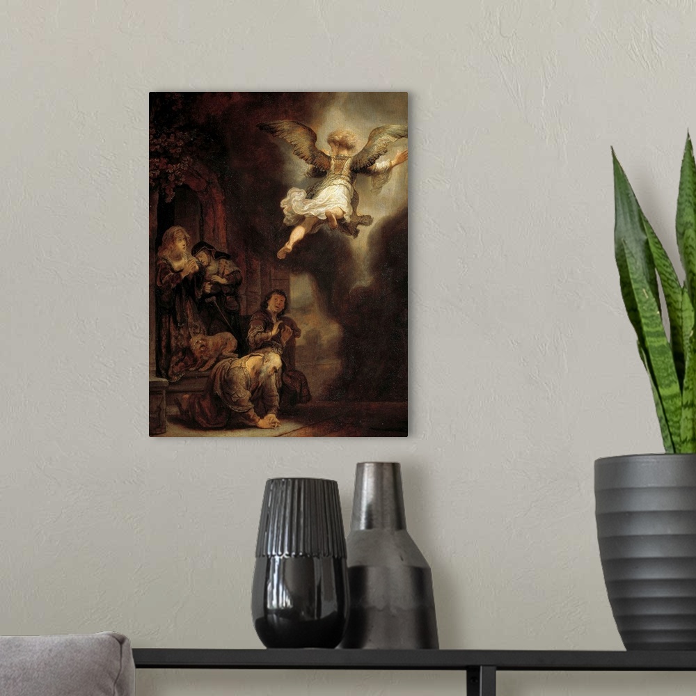 A modern room featuring The archangel Raphael leaving the family of Tobie. Painting by Harmensz Van Rijn Rembrandt (1606-...