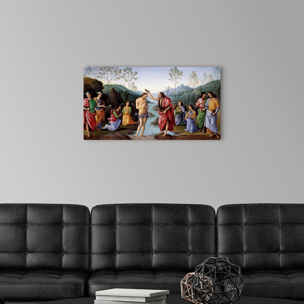 A modern room featuring The Baptism of Christ. Painting by Pietro Vannucci Perugino called Il Perugino (Le Perugin,1446-1...