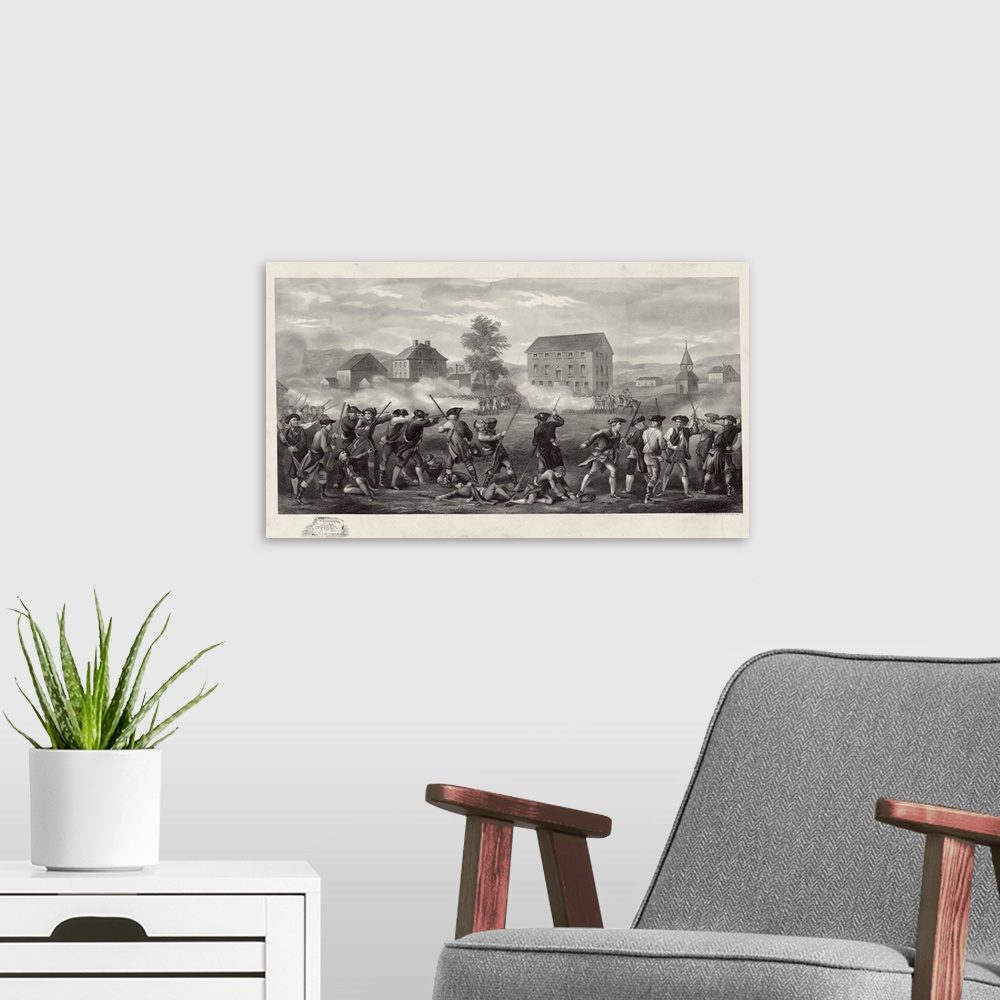 A modern room featuring Print shows line of Minute Men being fired upon by British troops in Lexington, Massachusetts. En...