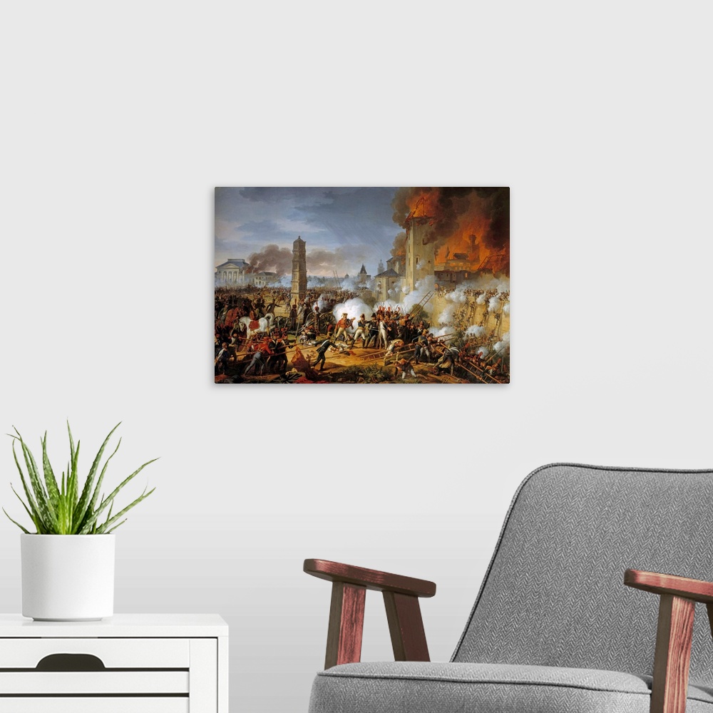 A modern room featuring Attack and capture of Ratisbon (The Battle of Ratisbon) by the Marshal Lannes on 04/23/1809 Paint...