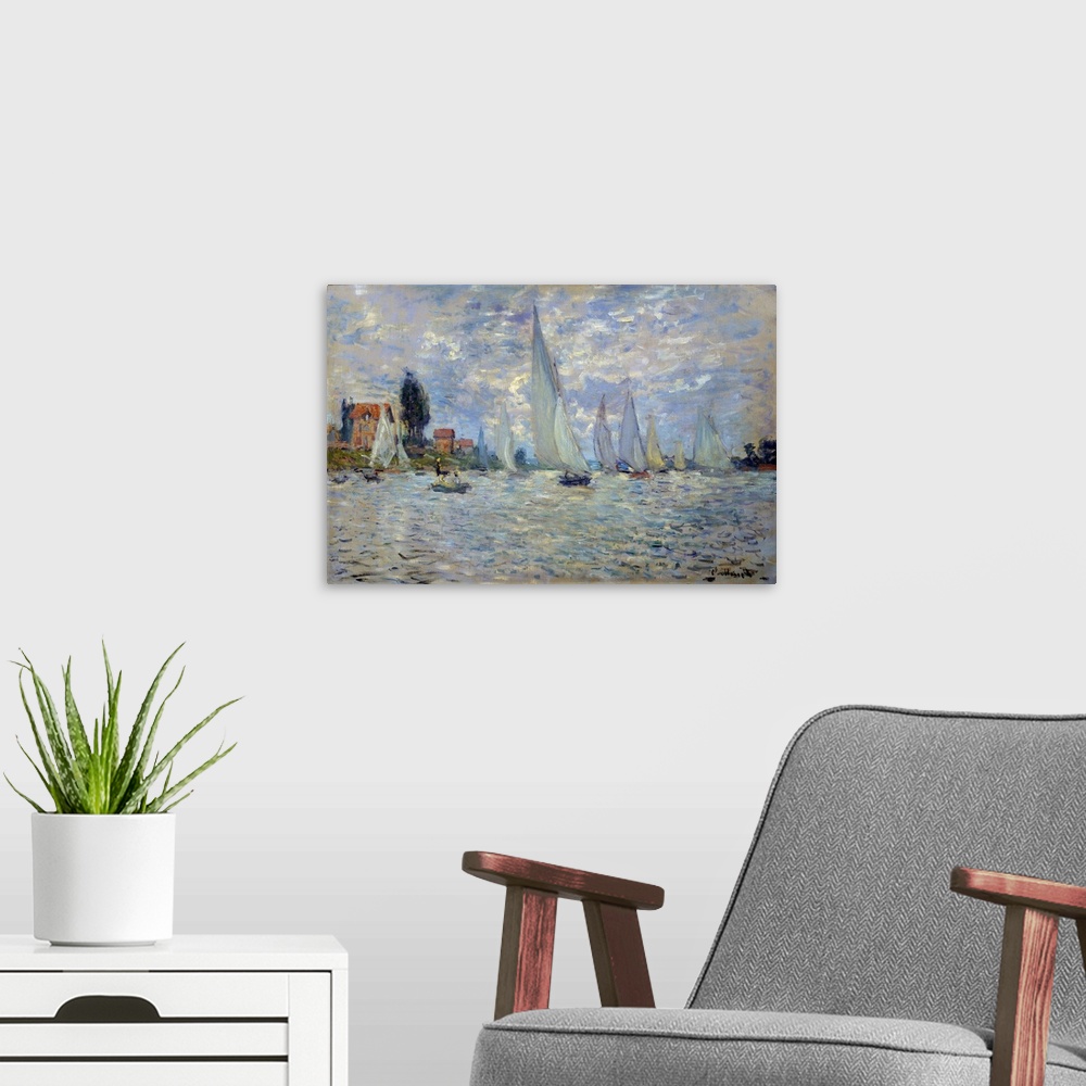 A modern room featuring The boats or Regatta at Argenteuil. Painting by Claude Monet (1840-1926), circa 1874. Orsay Museu...