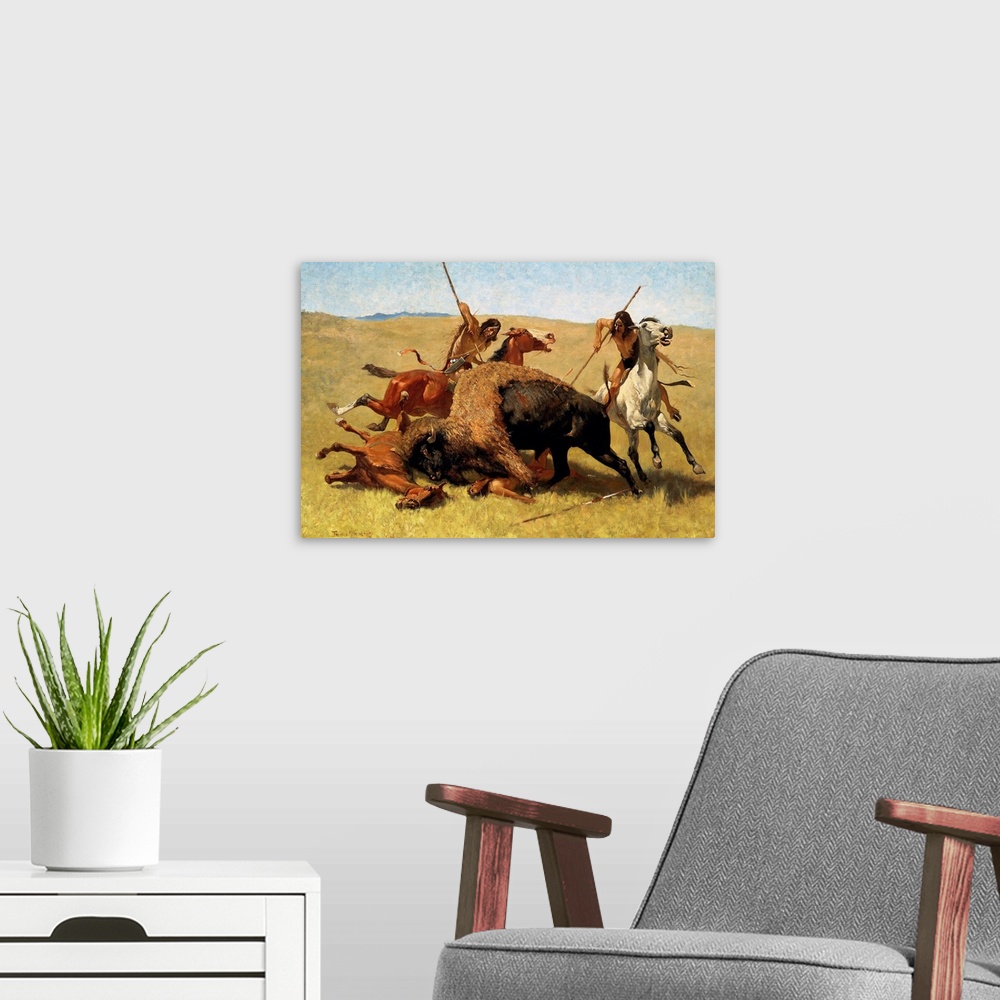 A modern room featuring Frederic Remington (American, 1861-1909), The Buffalo Hunt, 1890, oil on canvas, Buffalo Bill His...