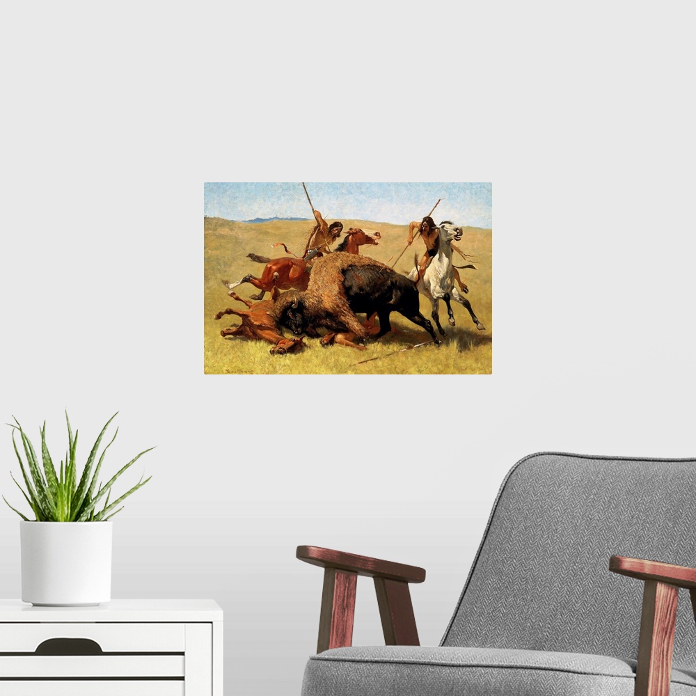 A modern room featuring Frederic Remington (American, 1861-1909), The Buffalo Hunt, 1890, oil on canvas, Buffalo Bill His...