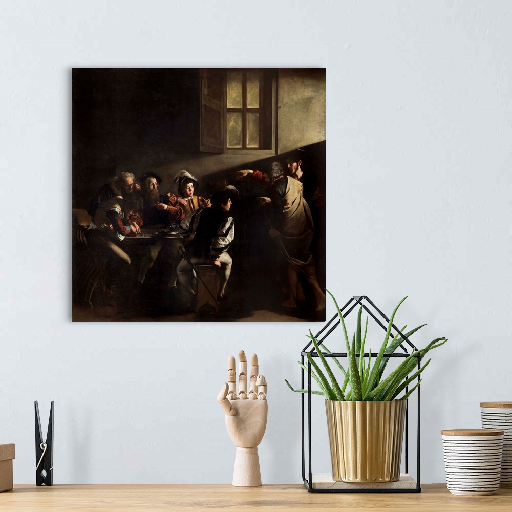 A bohemian room featuring The calling of St. Matthew - Painting by Michelangelo Merisi, called Caravaggio (1571-1610), oil ...