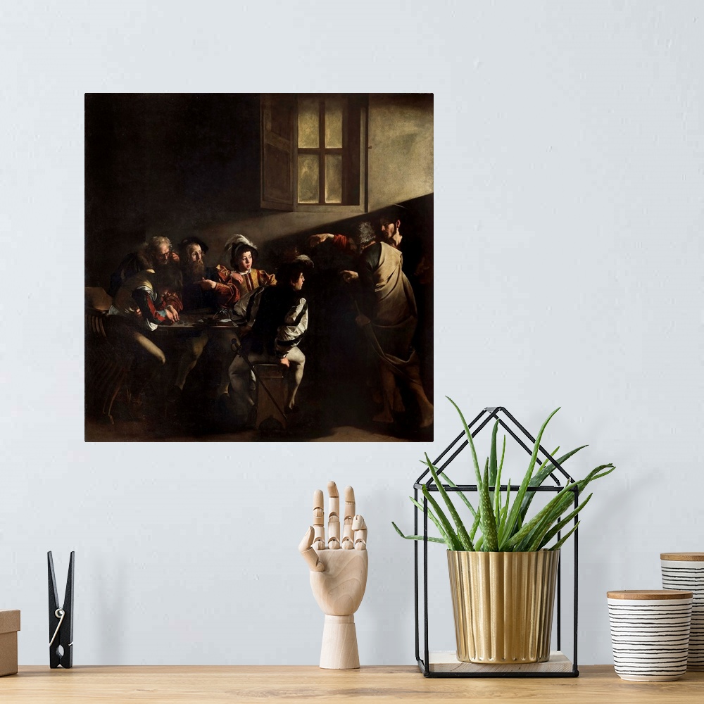 A bohemian room featuring The calling of St. Matthew - Painting by Michelangelo Merisi, called Caravaggio (1571-1610), oil ...