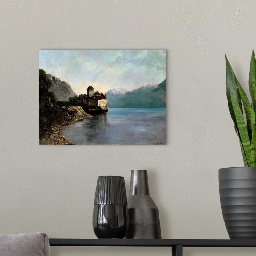 A modern room featuring The Castle of Chillon. Evening. A castle by the lake Leman in Switzerland. Painting by Gustave Co...