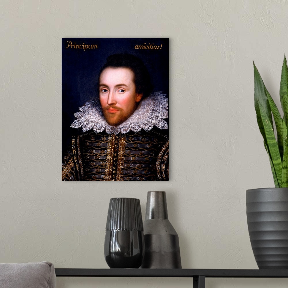 A modern room featuring The Cobbe Portrait, thought to be the only portrait of William Shakespeare painted during his lif...